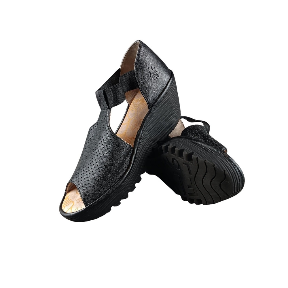 Fly London Womens Black Perforated Wedge Sandals Size 39W